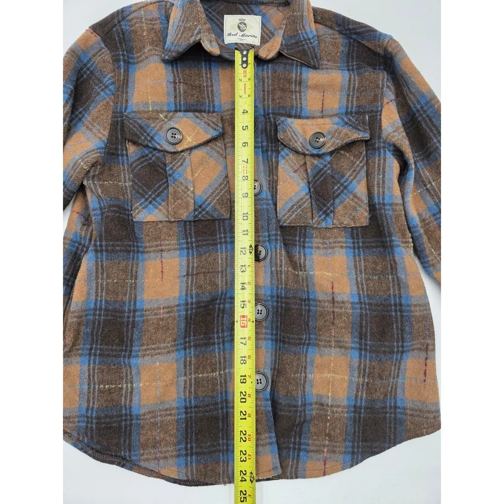 Red Marine Kids Plaid Flannel Shirt Jacket Brown Blue‎ Button Down Youth Large
